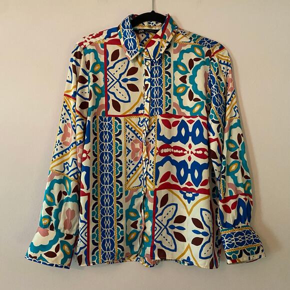 Zara Tops - Zara Multicolor Abstract Western Button Down Blouse Silky Maximalist Women's XS